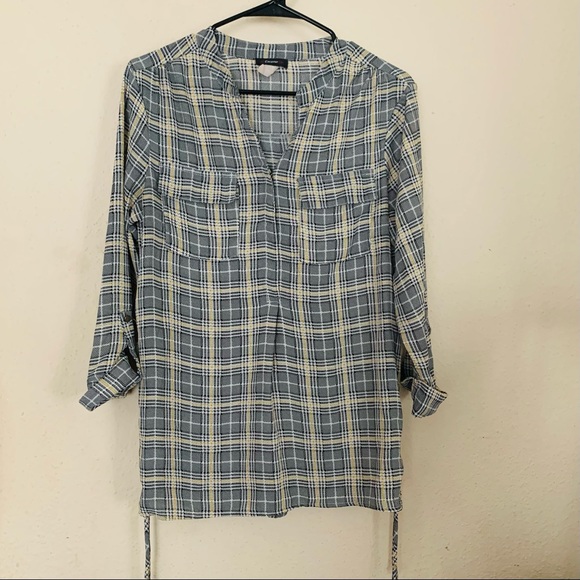 Cocomo Women roll-tab Sleeve printed Top size S - plaid blouse with bags - Picture 2 of 12